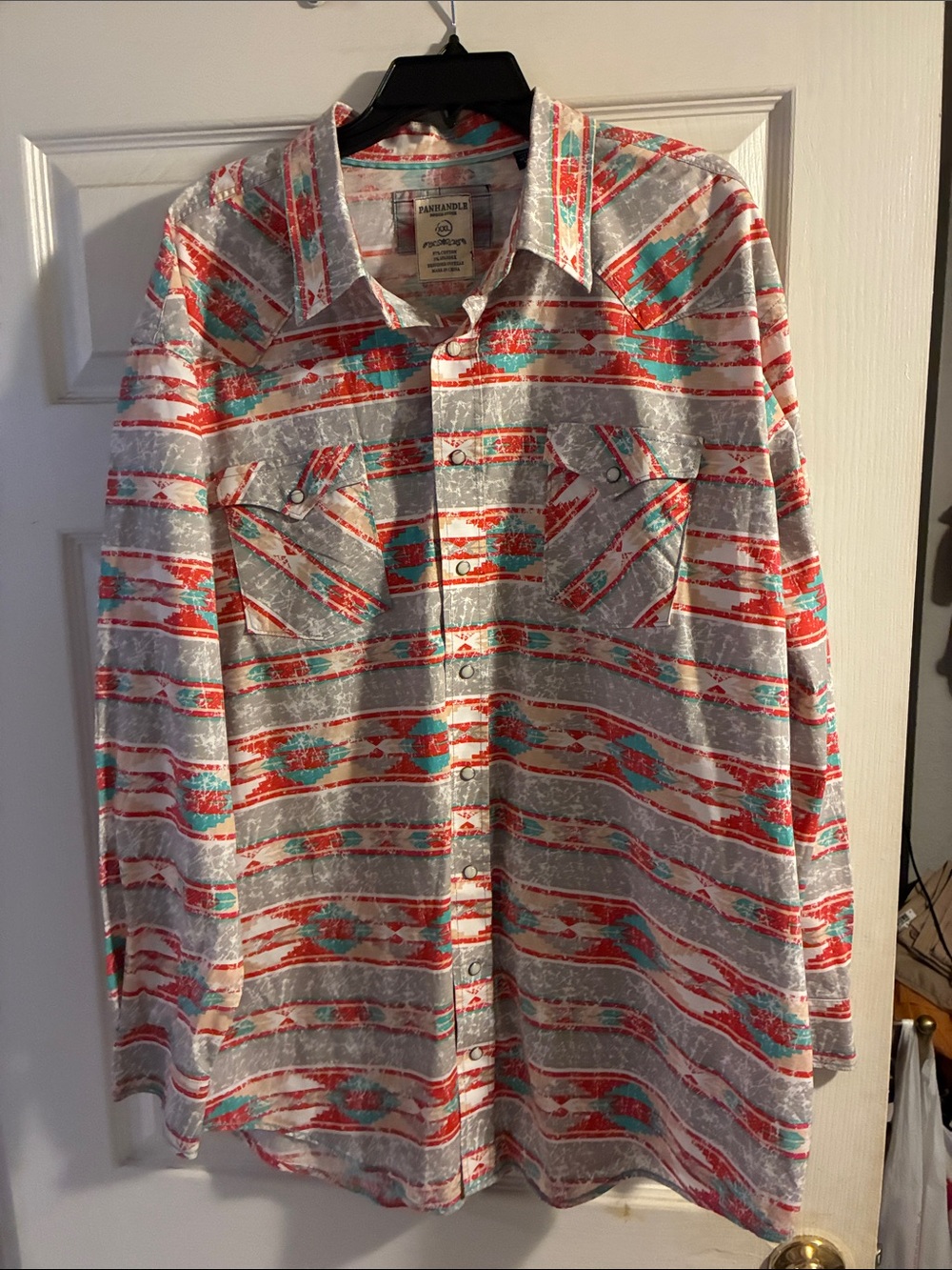 Panhandle Slim Red & Teal Striped Casual Button-Down Shirt